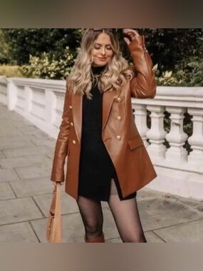ZARA Faux Leather Double-Breasted Blazer – Size S (Brown/Cognac)